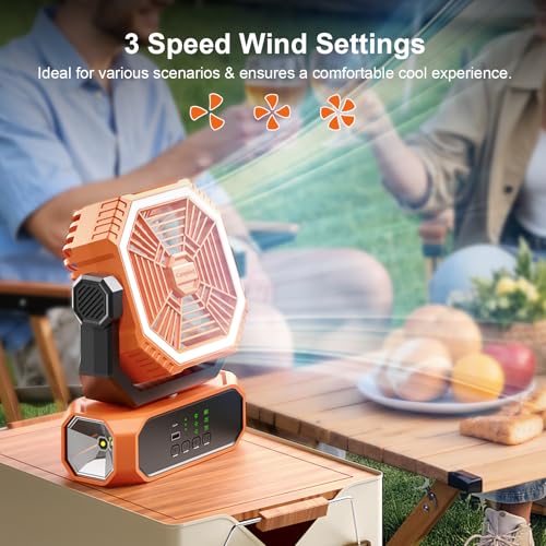 Portable Camping Fan with LED Lantern & Flashlight, 20000mAh Rechargeable Battery M3810