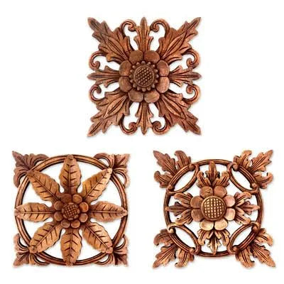 3 Piece Hand Carved Wood Floral Relief Wall Decor Set Q8517