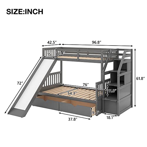 Gray Wood Twin Over Full Bunk Bed with Stairs and Slide E289