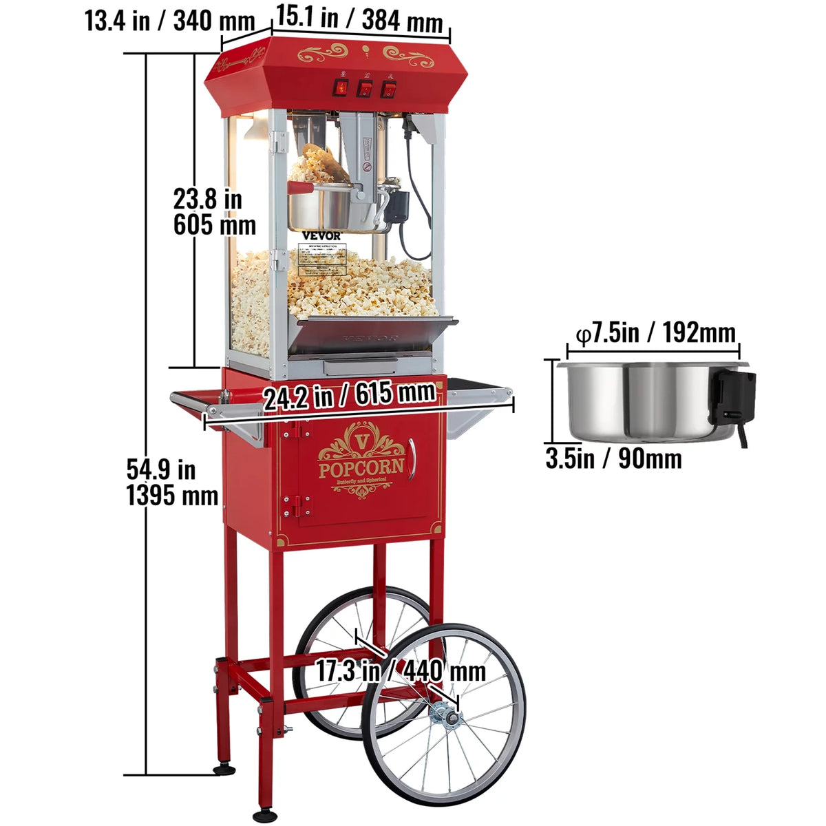 8 oz 48 Cups 850W Red Popcorn Maker Cart N730