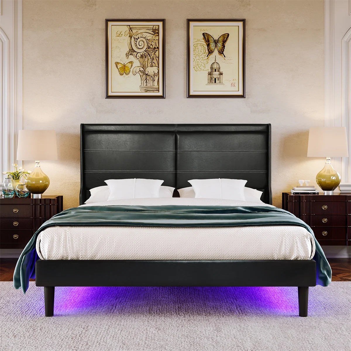 Queen Size Upholstered Bed with Lights E27272