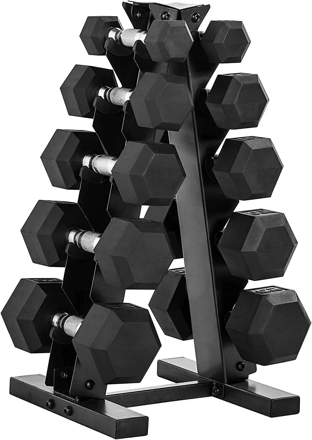 5-25 Lb. Rubber Coated Hex Dumbbell Set with Storage Rack H434