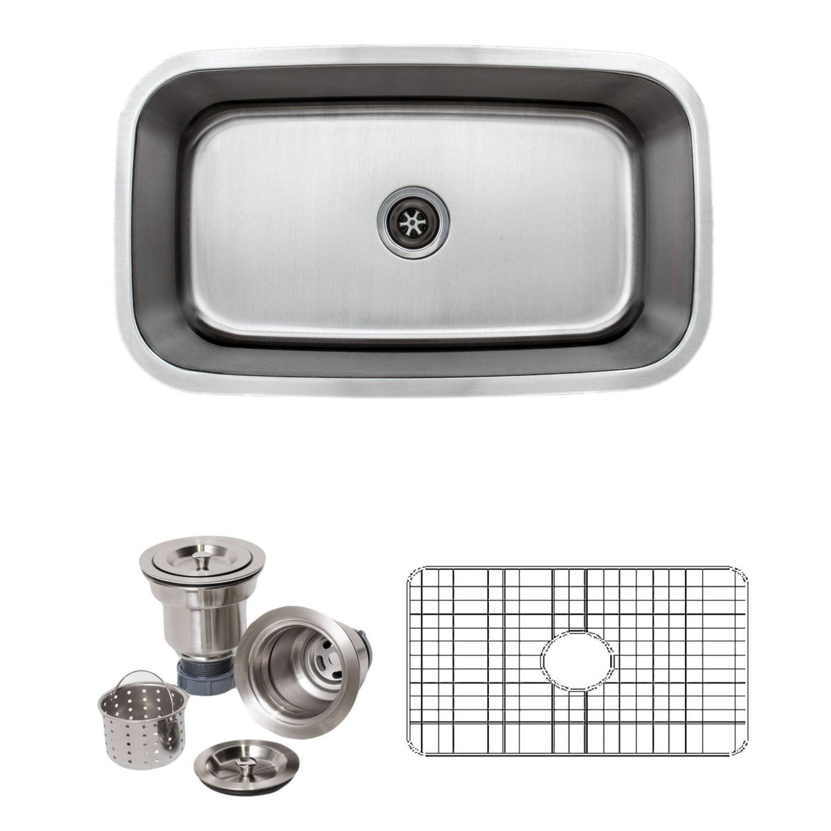 32" 16-Gauge Undermount Single Bowl Stainless Steel Kitchen Sink with Grid Rack and Basket Strainer D459695