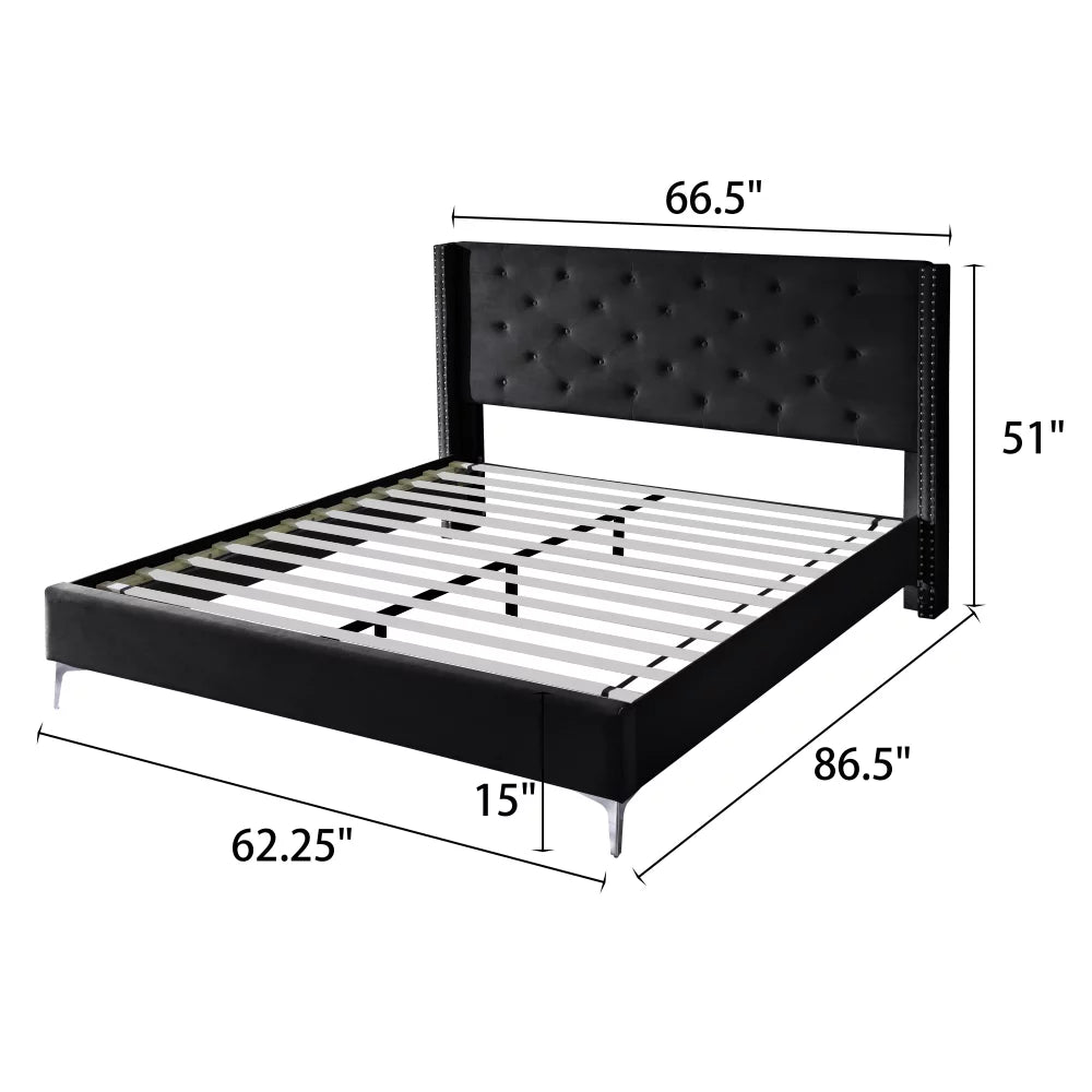 Wood Platform Bed Frame with Upholstered Headboard Queen Black K323