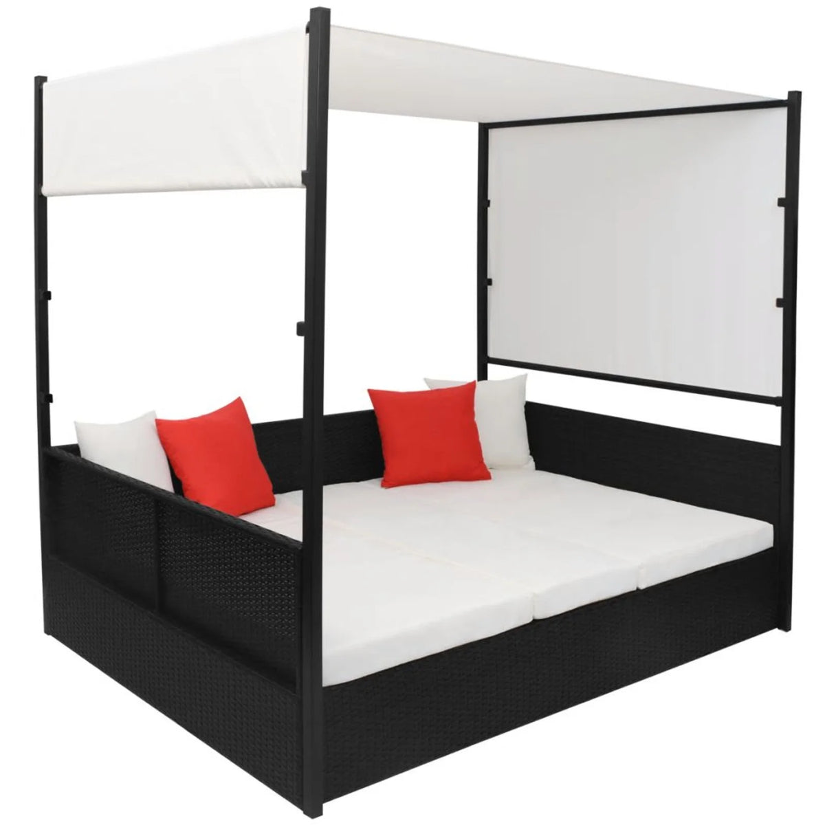 Black Poly Rattan 2-Person Sun Lounger with Canopy and Tea Table P1979