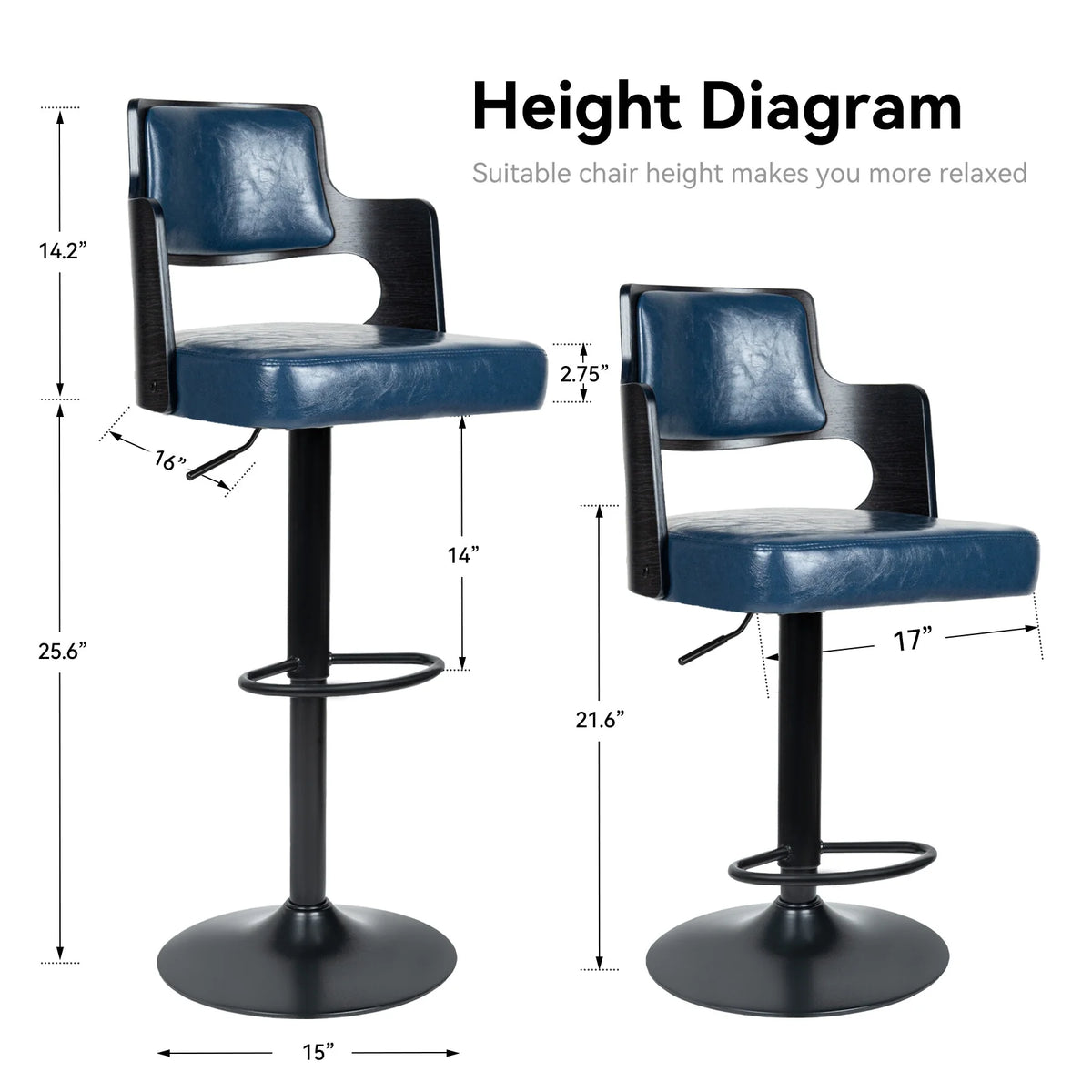 Adjustable Bar Stools with Wood Back Set of 4 P2069