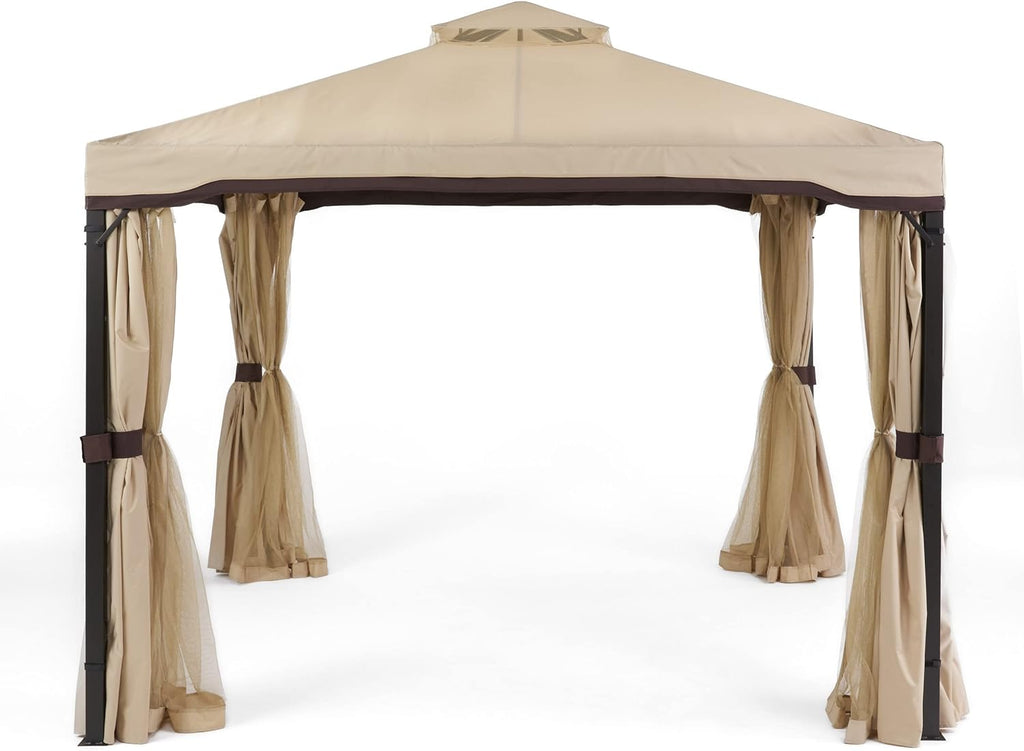 Beige Outdoor Gazebo Canopy with Net Drapery U1548