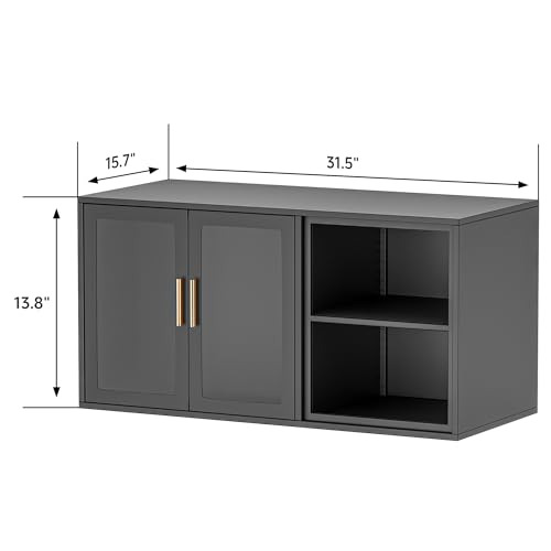 Black Over Toilet Wall Mounted Metal Cabinet with Two Glass Doors and Shelves Y18715