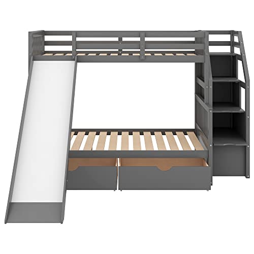 Gray Wood Twin Over Full Bunk Bed with Stairs and Slide E289