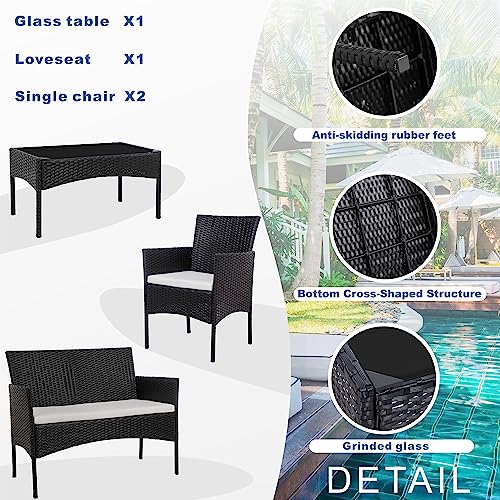 4 Piece Wicker Patio Conversation Furniture Set with Tempered Glass Coffee Table R498839