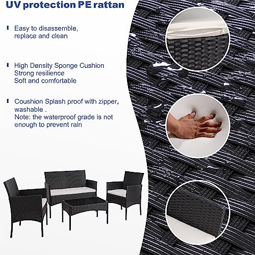 4 Piece Wicker Patio Conversation Furniture Set with Tempered Glass Coffee Table R498839