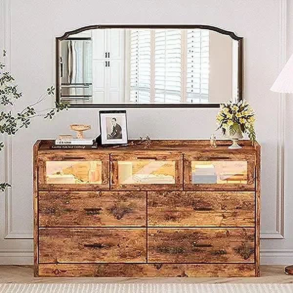 Brown 7 Glass Drawer Wood Dresser Y599