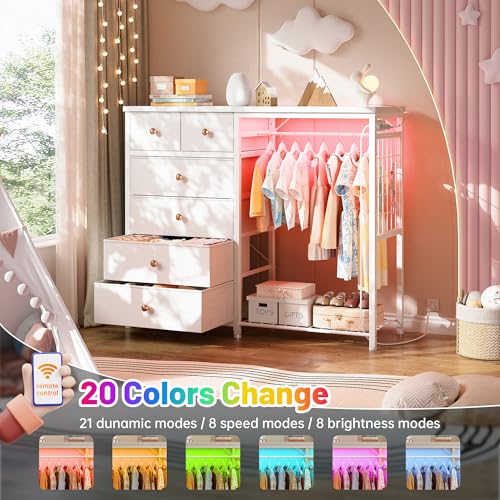 Black 6 Drawer Fabric Dresser with Hanging Rack J306