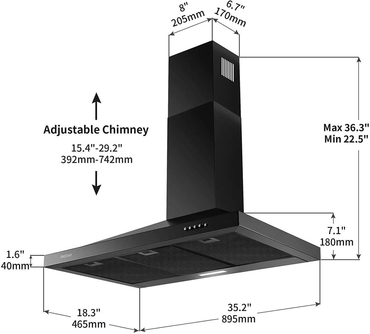 36 inch Black Stainless Steel Wall Mount Range Hood M360