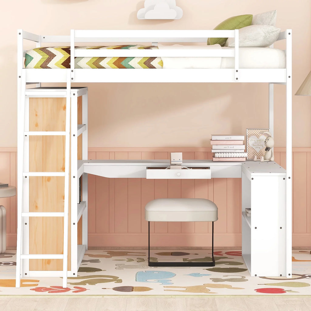 White Full Size Loft Bed with Ladder Shelves and Desk F104