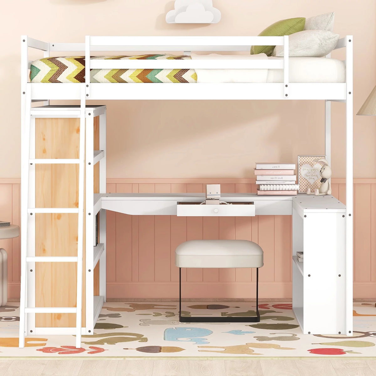 White Full Size Loft Bed with Ladder Shelves and Desk F104