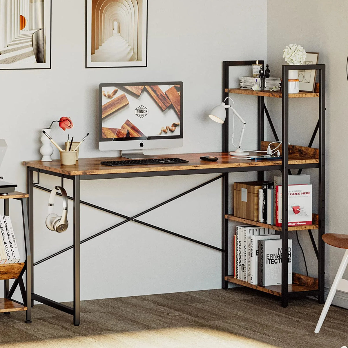 55" Computer Desk with Power Outlet and Storage Shelves A41399