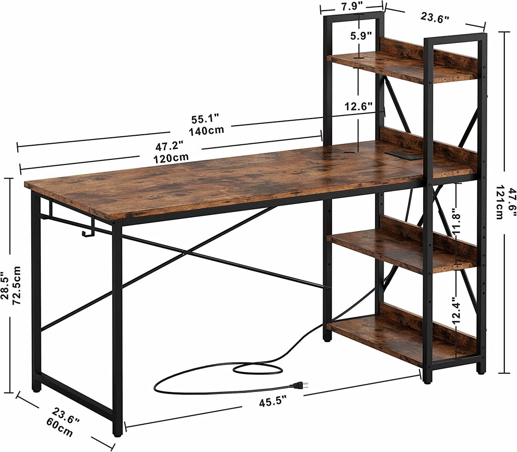 55" Computer Desk with Power Outlet and Storage Shelves A41399