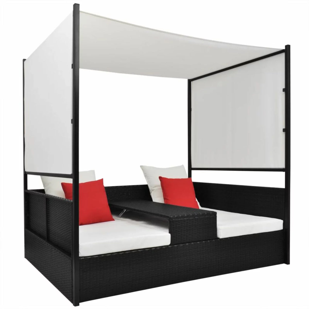 Black Poly Rattan 2-Person Sun Lounger with Canopy and Tea Table P1979
