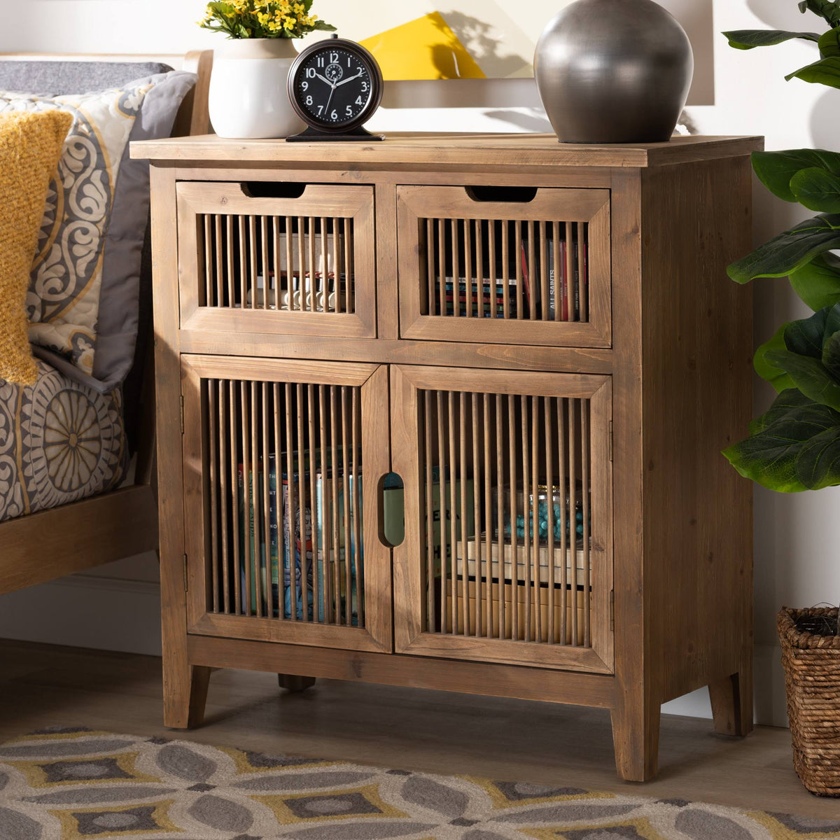 Medium Oak Finished 2-Door 2-Drawer Wood Storage Cabinet K156