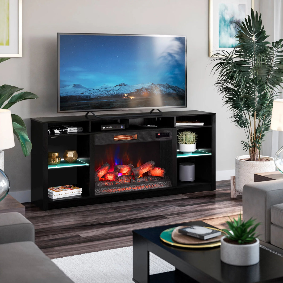Black TV Stand with Electric Fireplace J5464