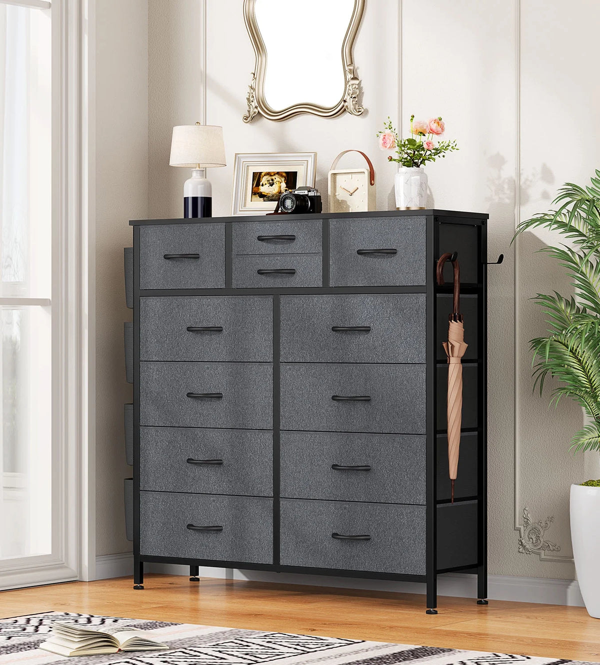 12 Drawer Fabric Dresser with Steel Frame and Wooden Top X1769