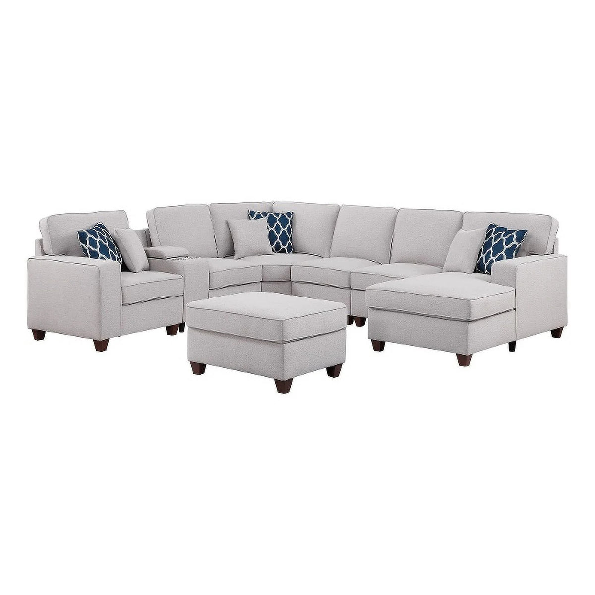 Light Gray 8-Piece Fabric Upholstered Sectional with Console & Chaise L356