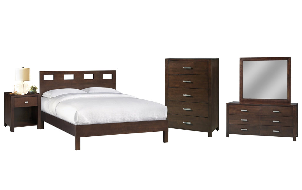 5PC Twin Platform Bed Nightstand Dresser Mirror & Chest Set in Mocha Brown Mahogany S545523