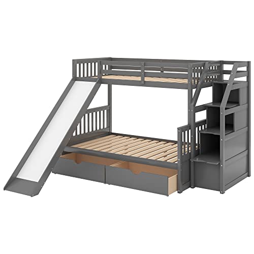 Gray Wood Twin Over Full Bunk Bed with Stairs and Slide E289