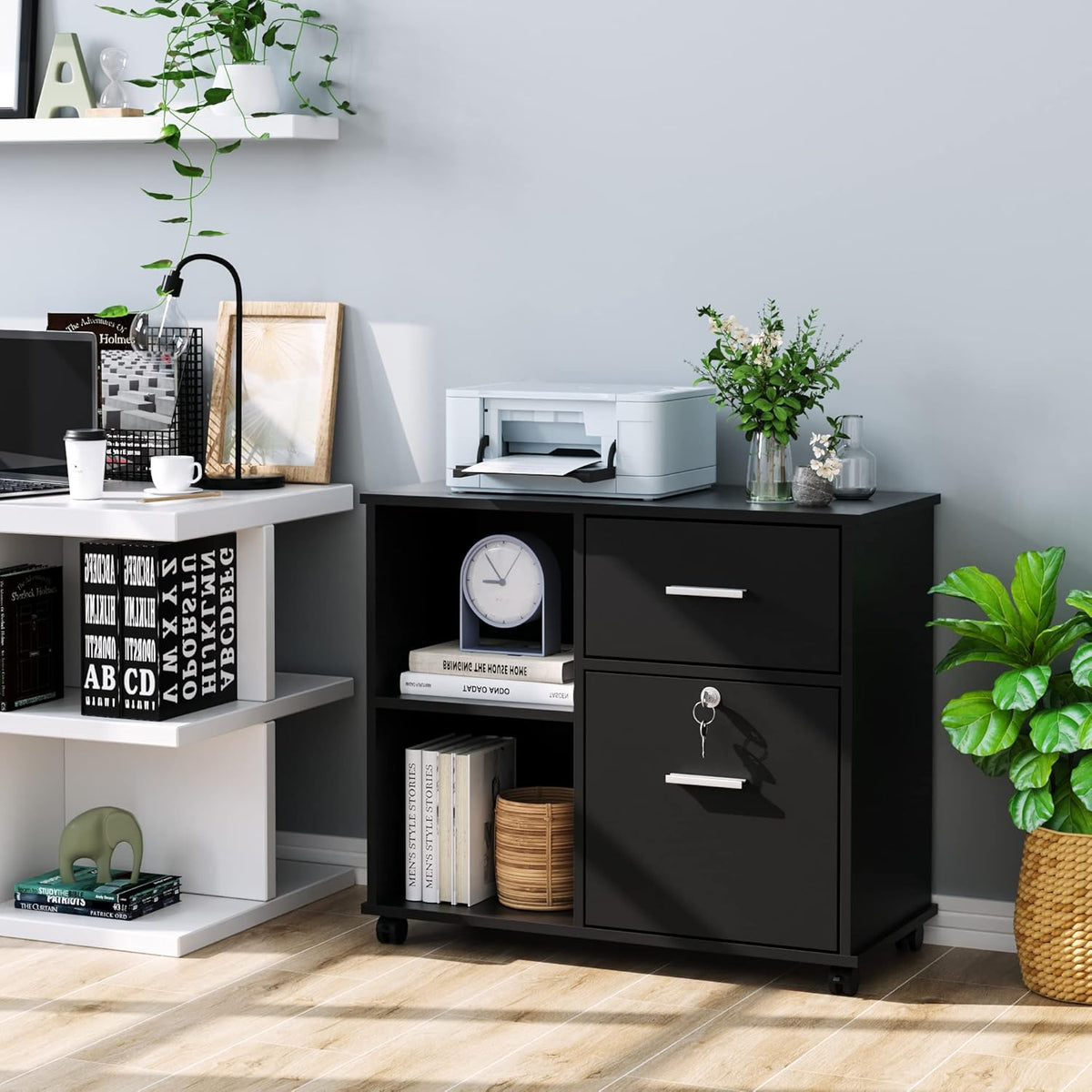 Black Wood File Cabinet with Drawers and Lock R13220