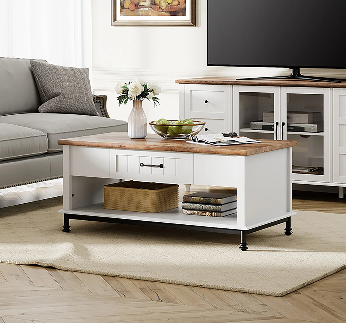 White Coffee Table with 1 Drawer and Storage Shelf E2140