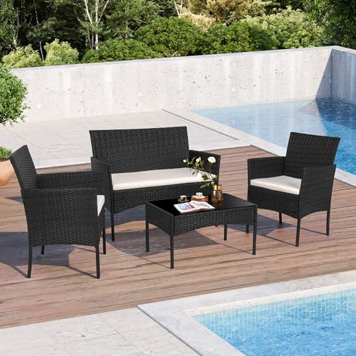 4 Piece Wicker Patio Conversation Furniture Set with Tempered Glass Coffee Table R498839