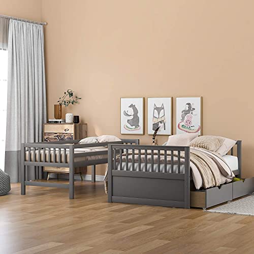 Gray Wood Twin Over Full Bunk Bed with Stairs and Slide E289
