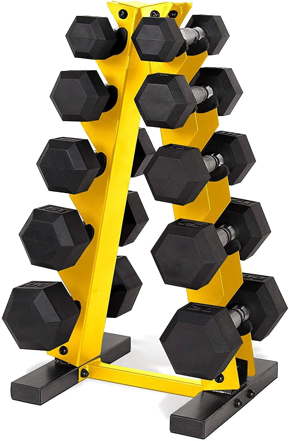 5-25 Lb. Rubber Coated Hex Dumbbell Set with Storage Rack H434