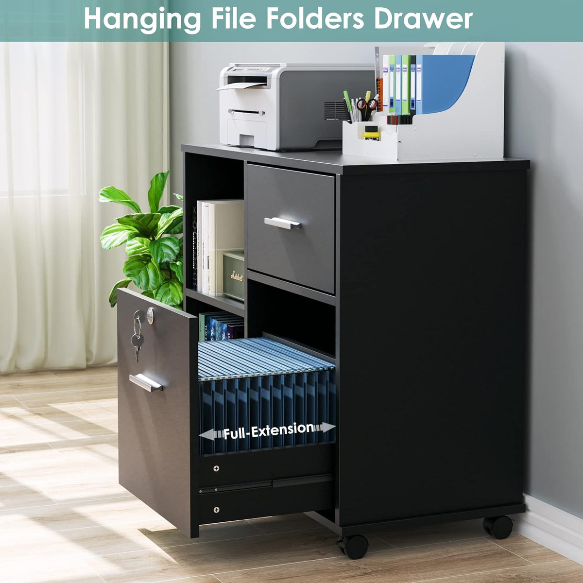 Black Wood File Cabinet with Drawers and Lock R13220