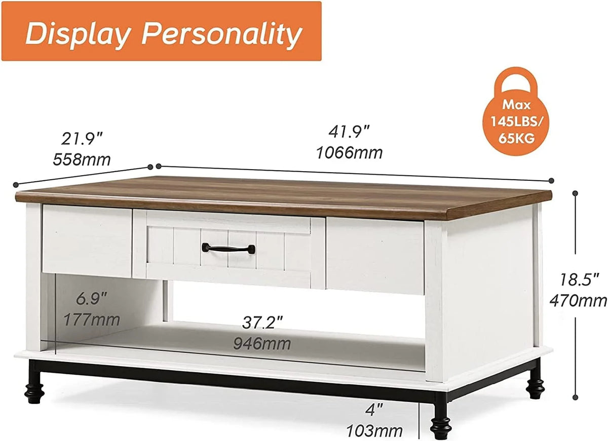 White Coffee Table with 1 Drawer and Storage Shelf E2140