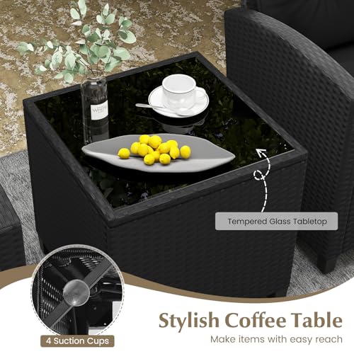 3 Pieces PE Rattan Wicker Outdoor Sofa Set with Cushion and Glass Tabletop R6356