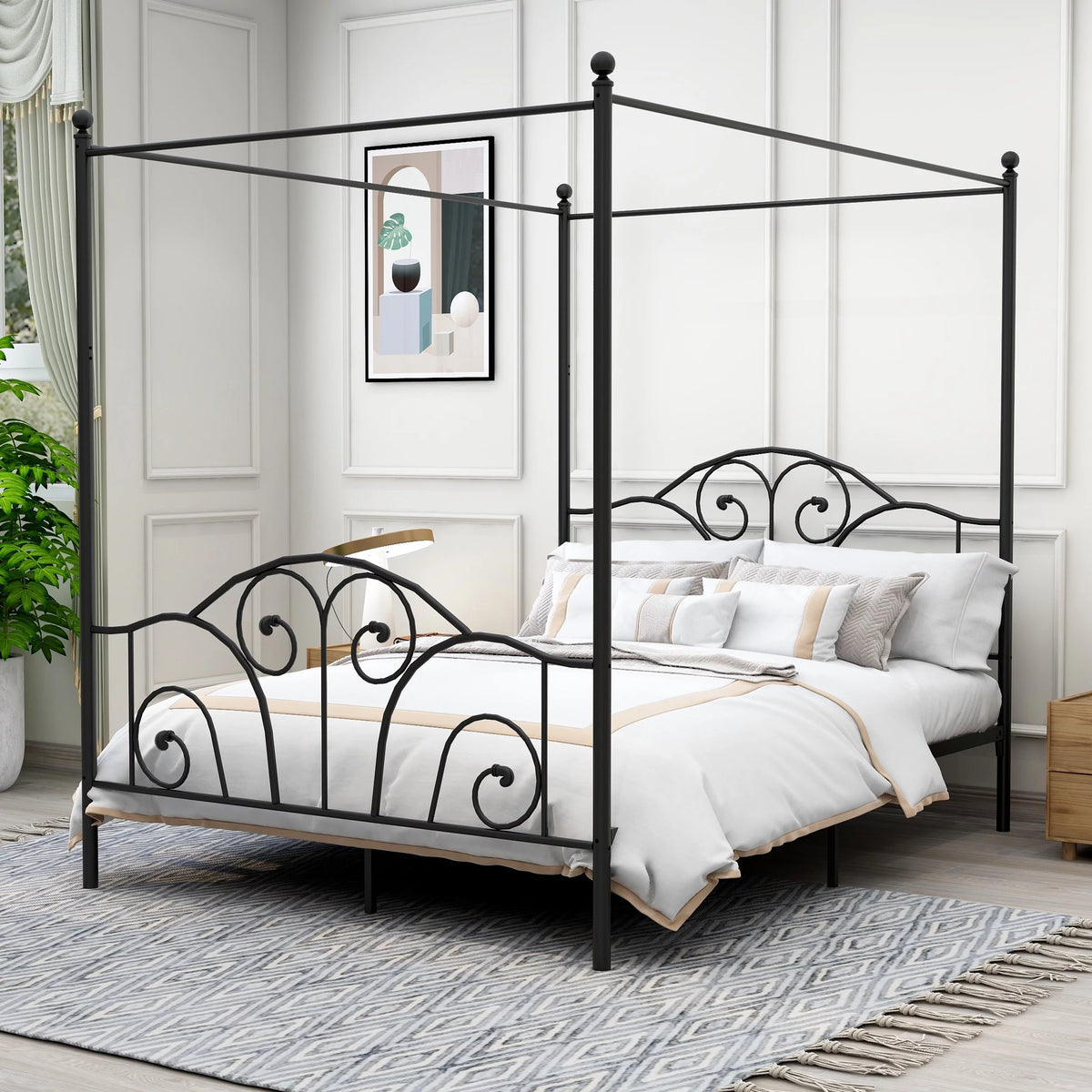 Vintage White Full Size Metal Canopy Bed Frame Y15371