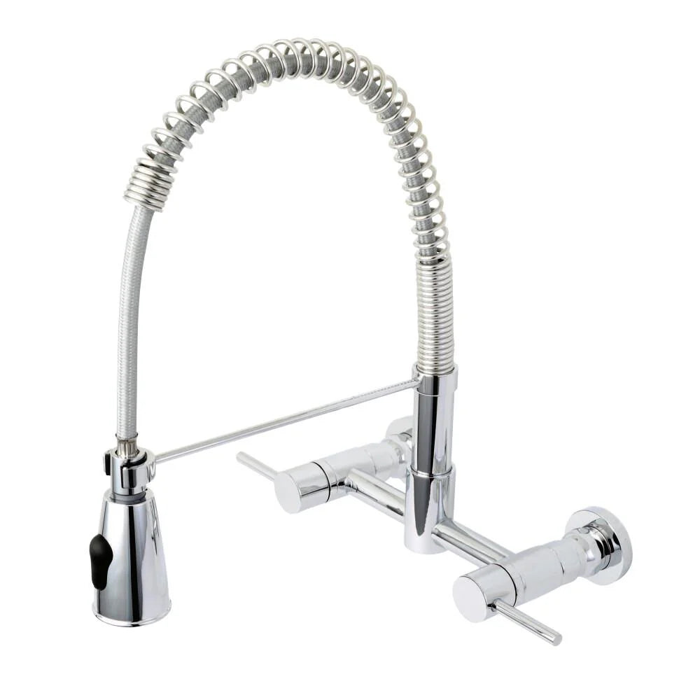 Polished Chrome Two-Handle Wall Mounted Pull-Down Sprayer Kitchen Faucet H5786