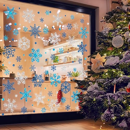 Glitter Snowflake Window Clings Blue Silver Double-Sided S123