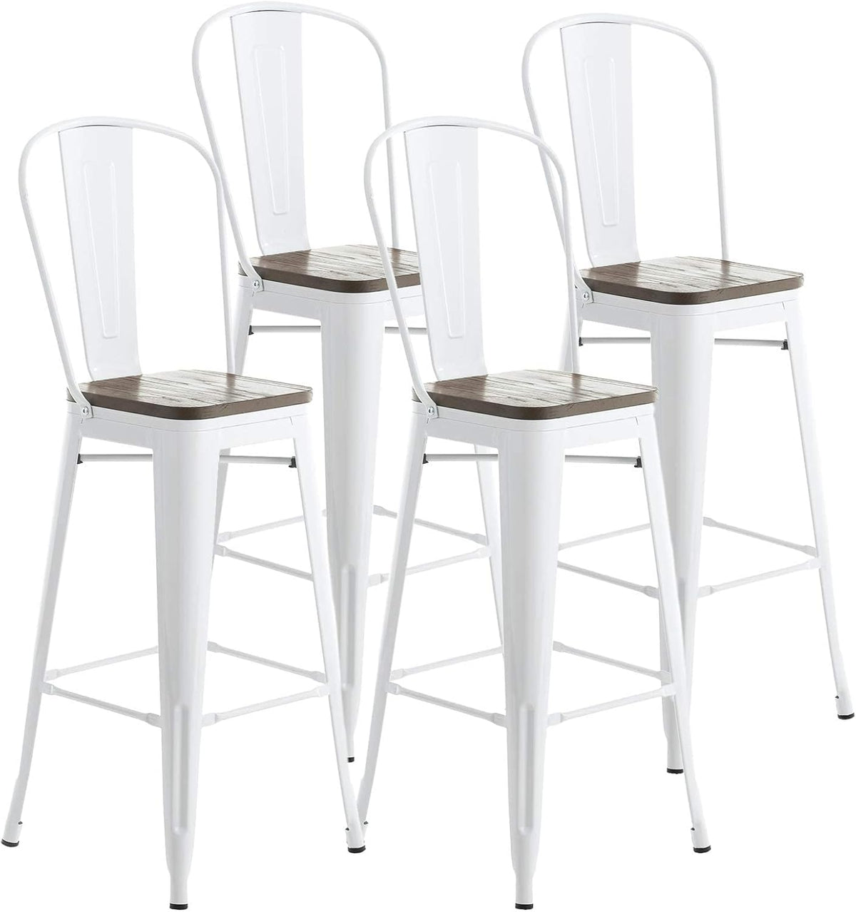 30” Metal Bar Stools Set of 4, High Back Wooden Seat, Stackable White A110576