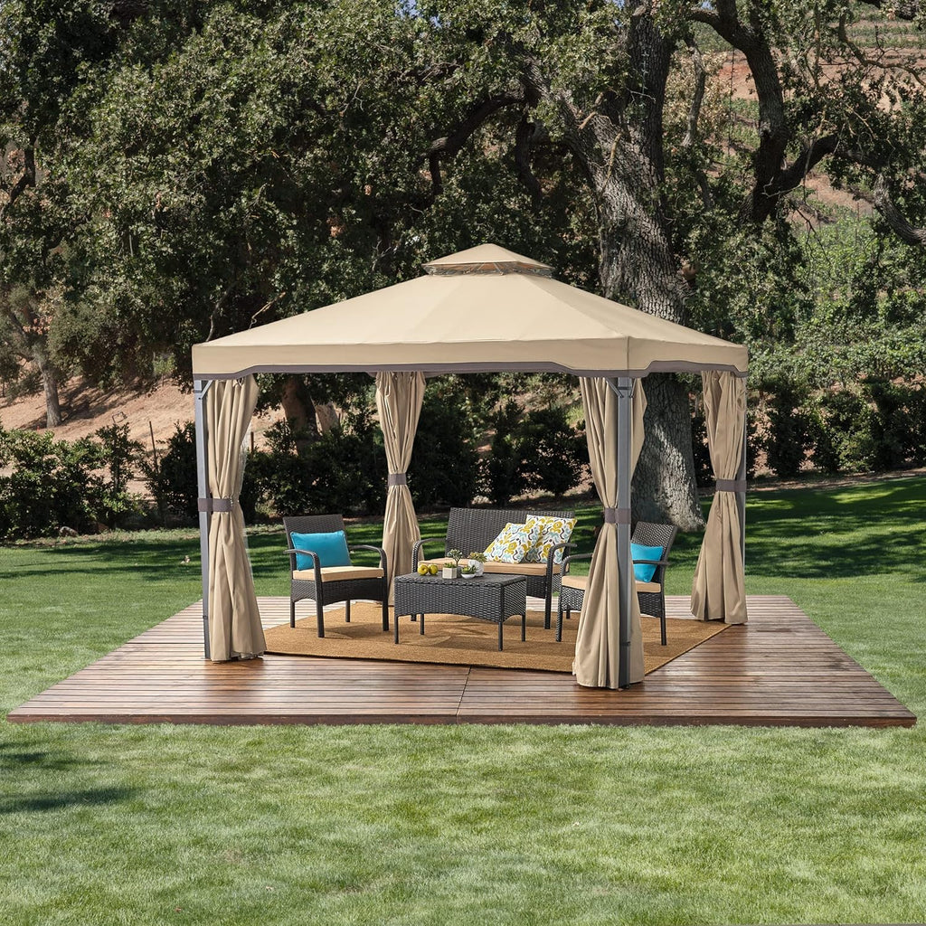 Beige Outdoor Gazebo Canopy with Net Drapery U1548