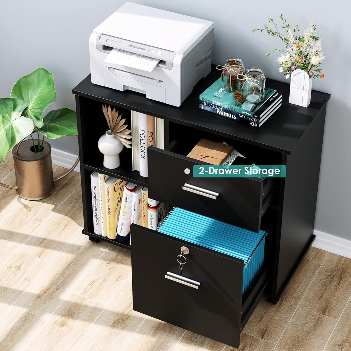 Black Wood File Cabinet with Drawers and Lock R13220