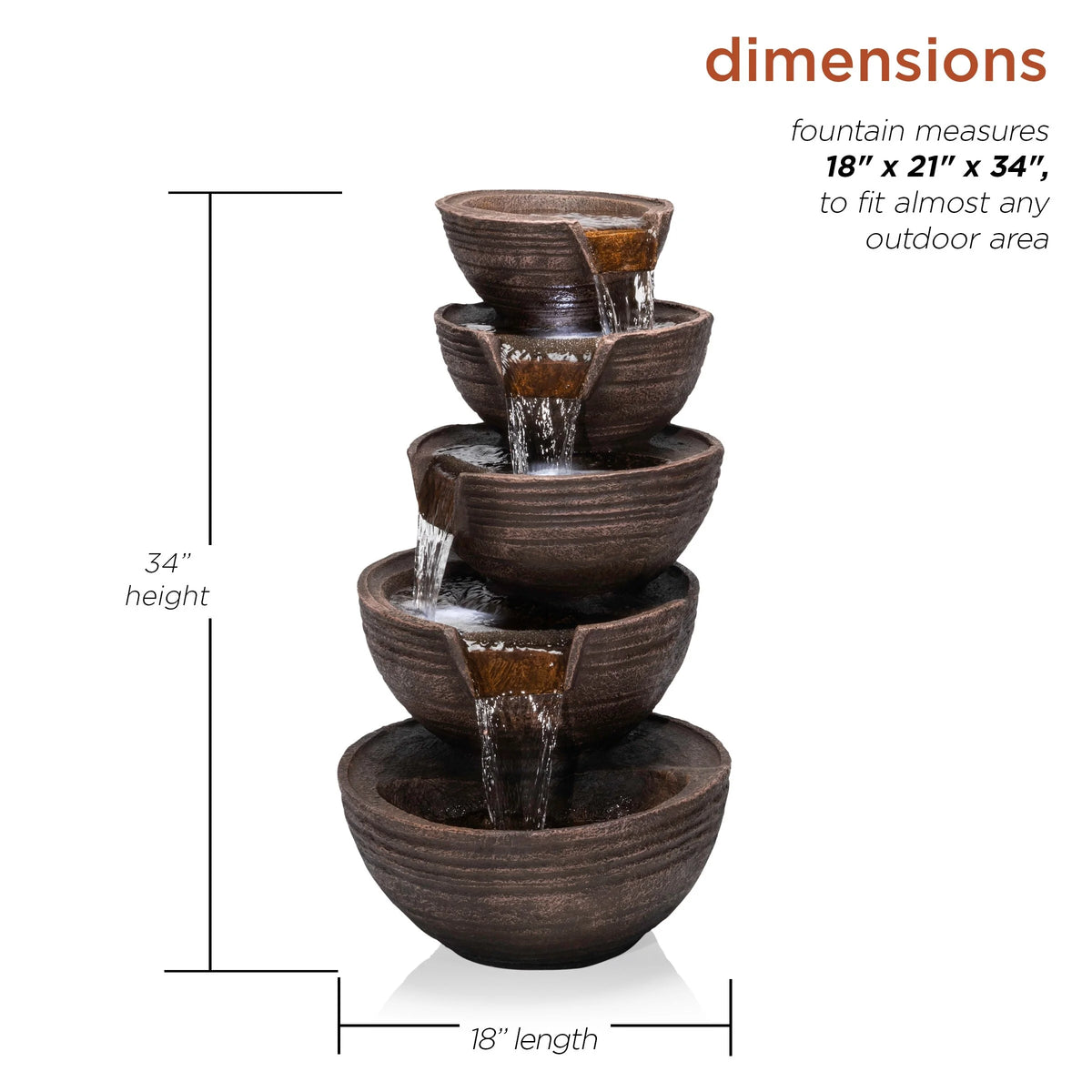 34" Tall Outdoor 5-Tier Cascading Waterfall Fountain with LED Lights S3981
