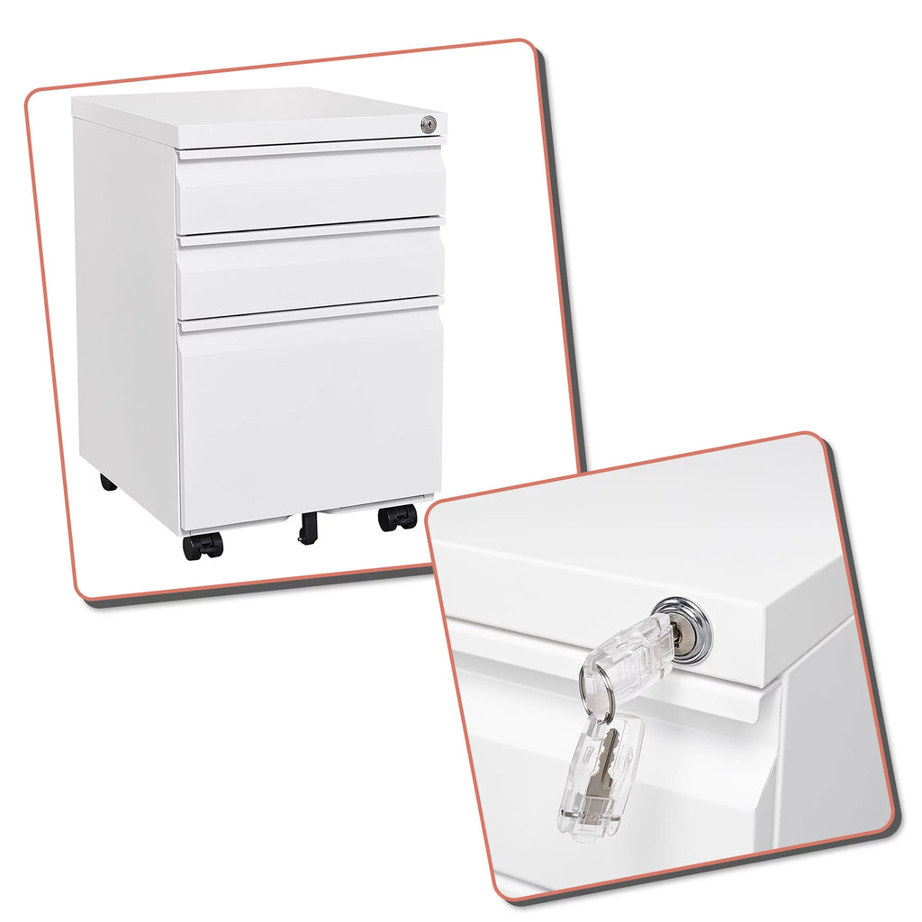 White Metal File Cabinet with Lock and Three Drawers R3383