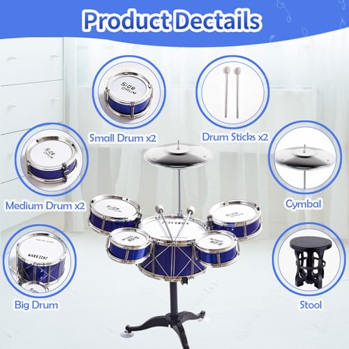 Kids Drum Set with 5 Drums, Stool, Sticks and Cymbal W15246