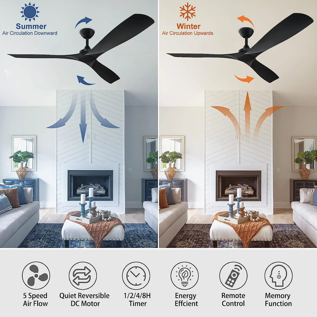 60" Modern 3-Blade Black Ceiling Fan with Remote Control E486712
