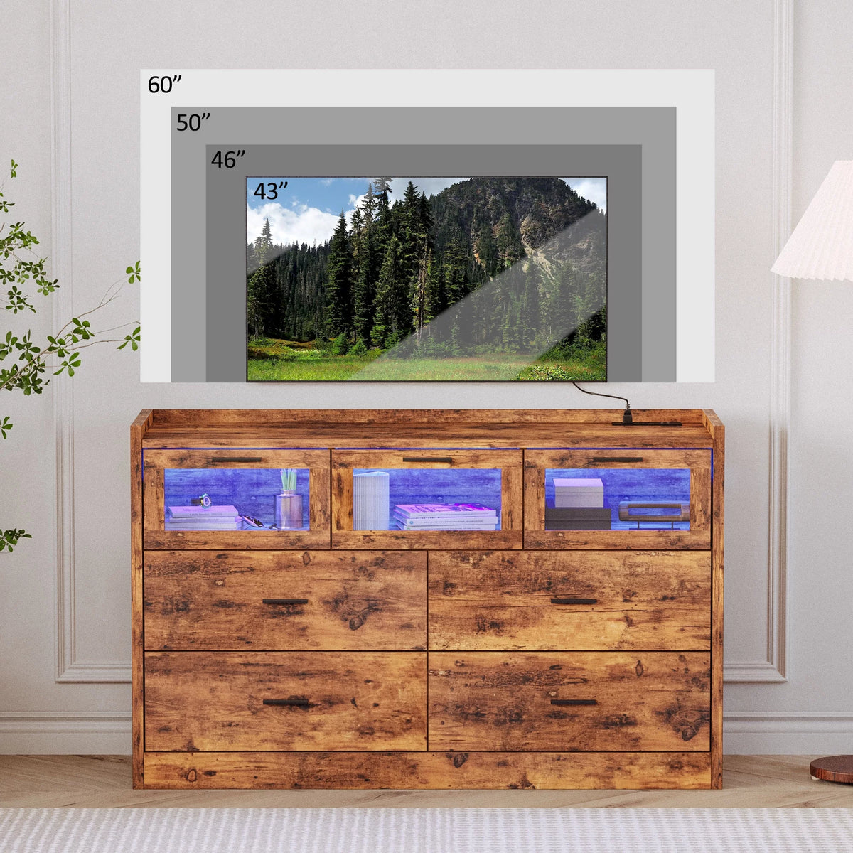 Brown 7 Glass Drawer Wood Dresser Y599