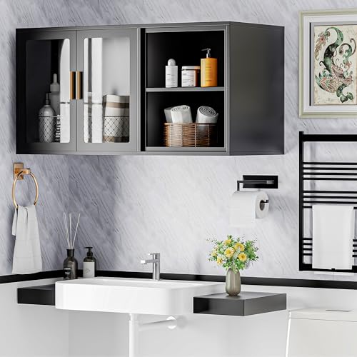 Black Over Toilet Wall Mounted Metal Cabinet with Two Glass Doors and Shelves Y18715