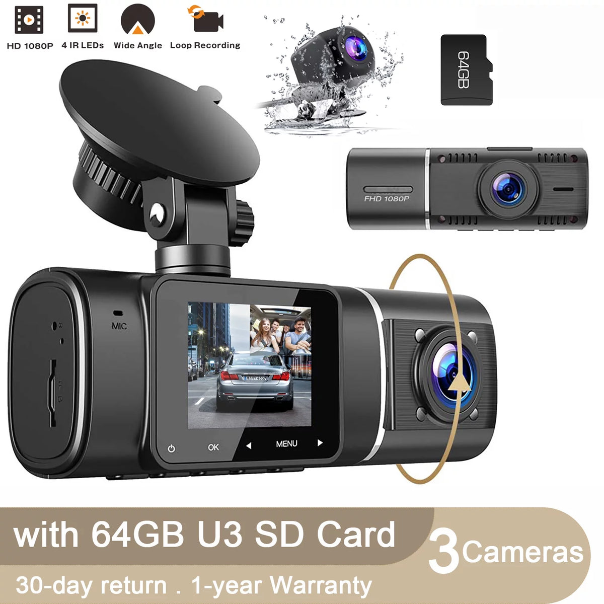 3 Channel 1080P Dash Cam with 64GB SD Card R60925